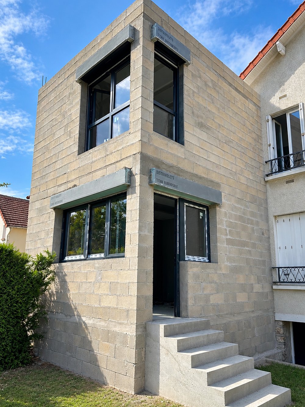 Extension en cours : maçonnerie en agglos, linteaux et menuiseries posées